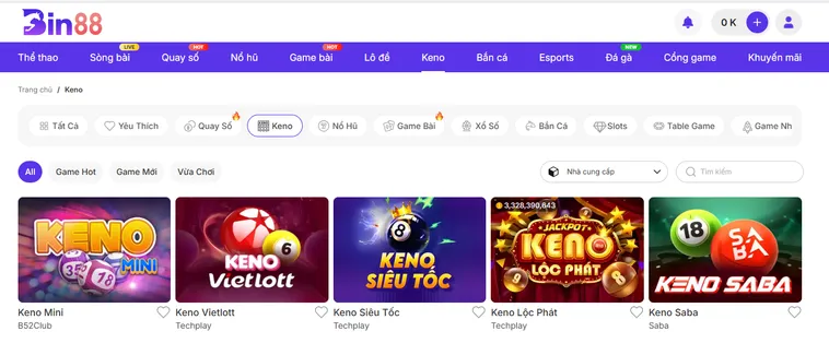 Danh Mục Trò Chơi Keno Bin88 Với Hệ Thống Quay Số Đỉnh Cao Và Thưởng Lớn